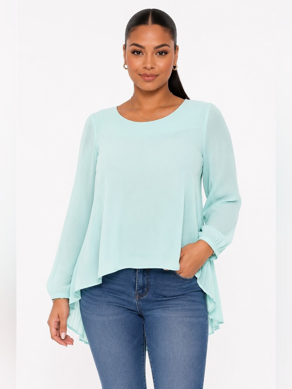 Mint Green Long Sleeve Pleated Back Chiffon Blouse for Women. Size S.